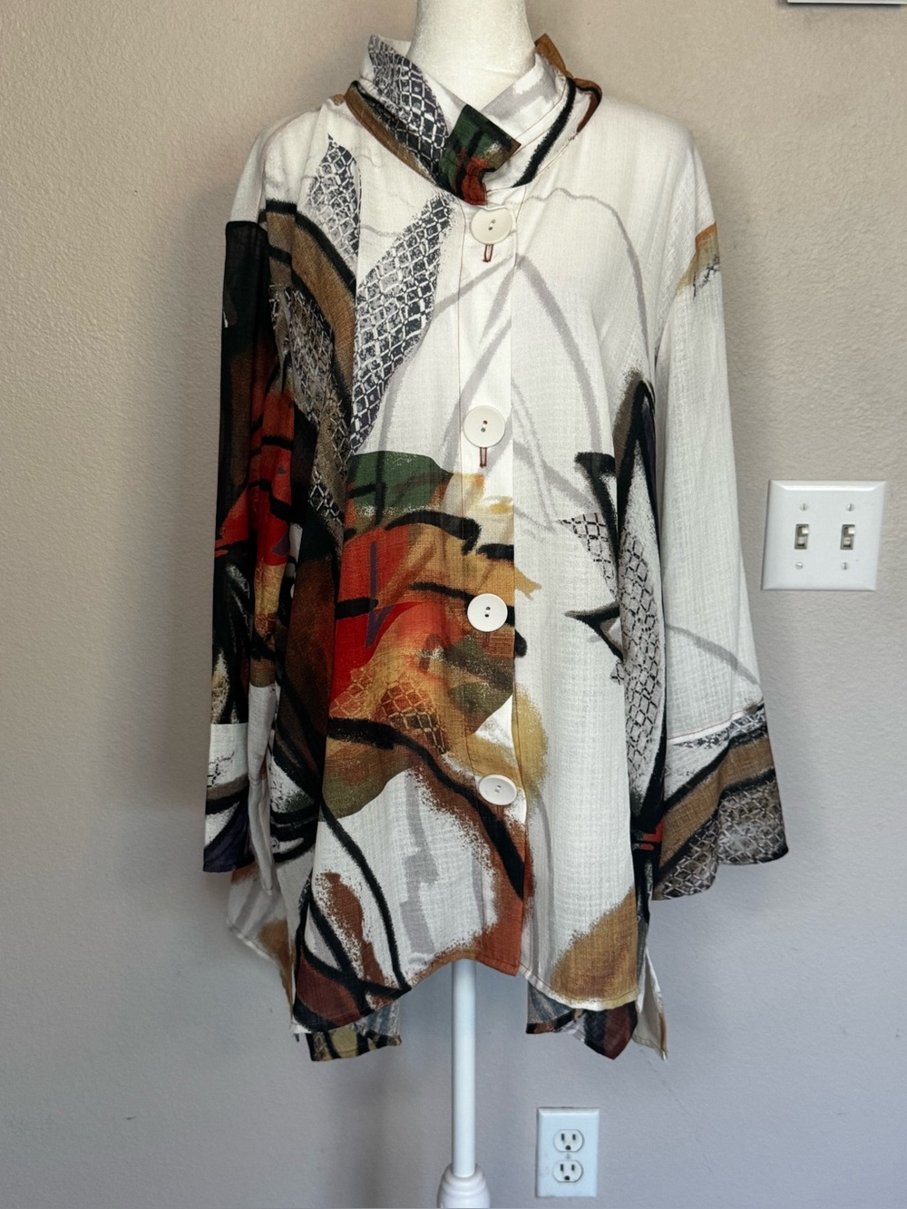 Ali Miles-Abstract Print Long-Sleeve Button Front Shirt - White Multi. 3X